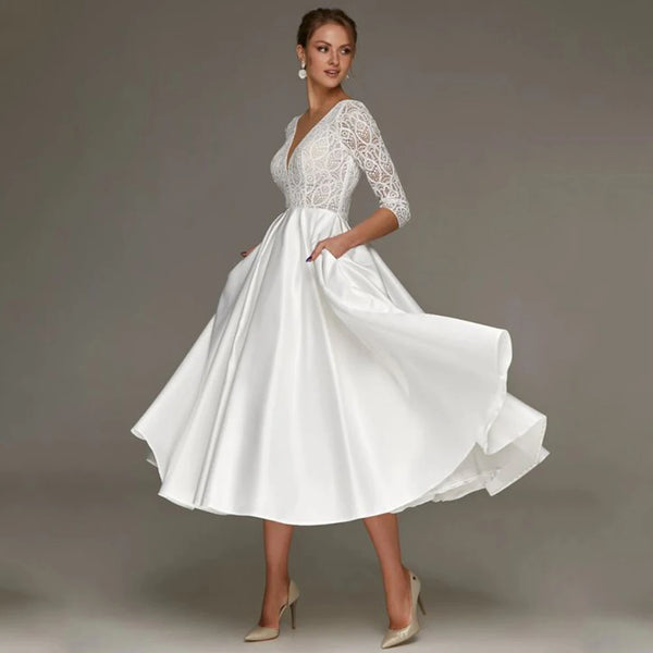 Short Wedding Dress Lace V Neck 3/4 Sleeves A Line Midi Gown